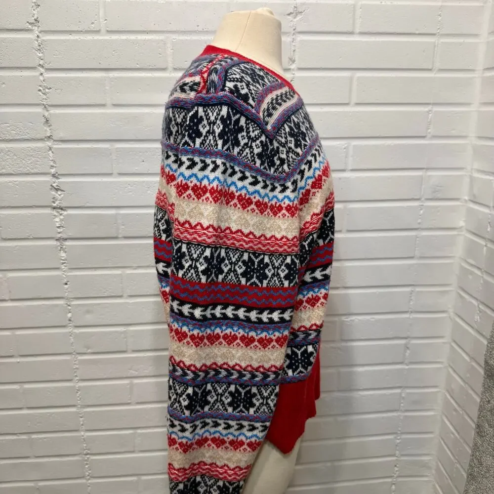 JCrew‎ Fair Isle Crewneck Lambs Wool Blend Sweater 2X Red Navy Winter Christmas